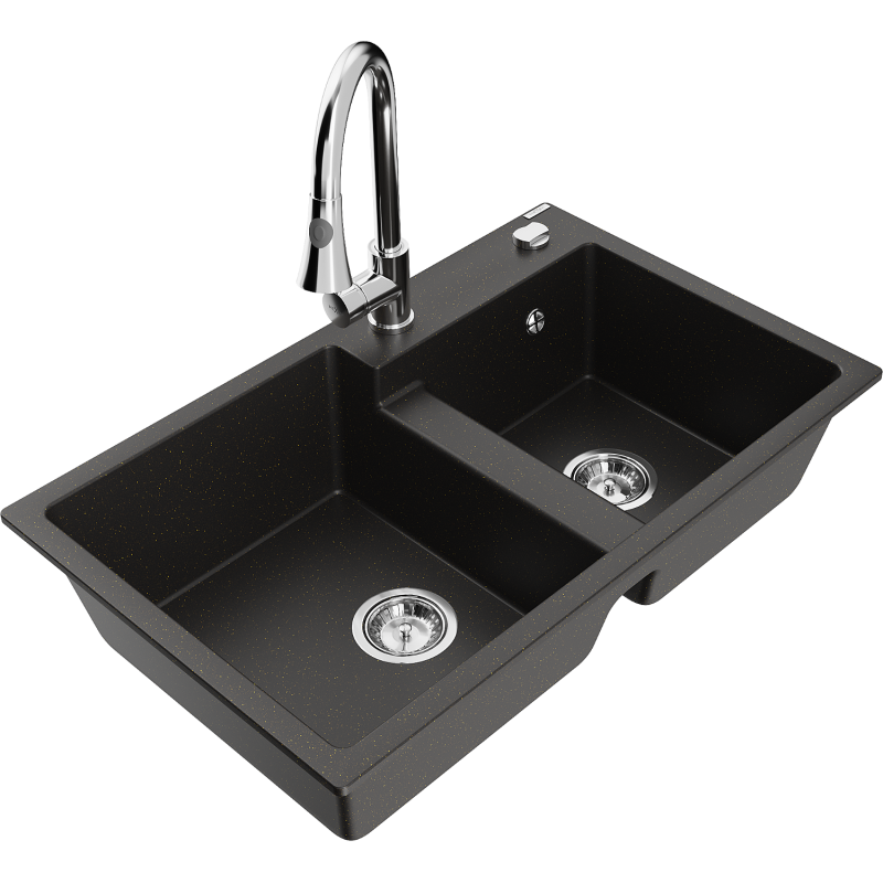 Mexen Tomas fregadero de granito de 2 compartimentos con grifo de cocina Elia, negro/dorado metálico - 6516-75-670101-00