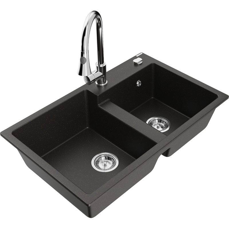 Mexen Tomas graniittinen kahden altaan pesuallas ja Elia-keittiöhana, musta/kulta metallinen - 6516-75-670101-00