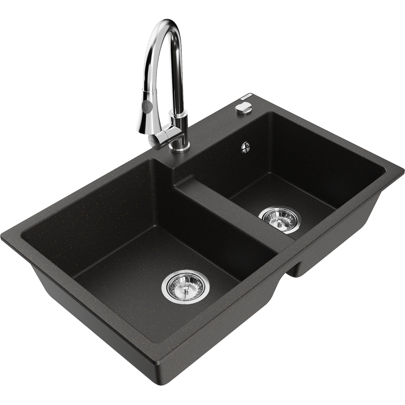 Mexen Tomas granite sink 2-bowl with Elia kitchen tap, black/gold metallic - 6516-75-670101-00