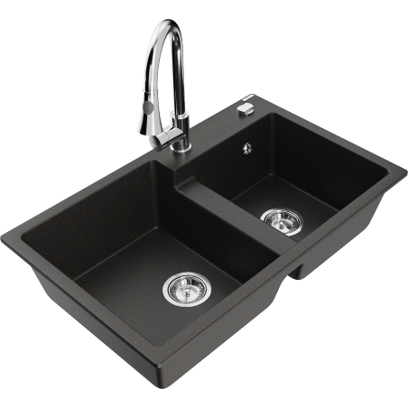 Mexen Tomas fregadero de granito de 2 compartimentos con grifo de cocina Elia, negro/dorado metálico - 6516-75-670101-00