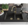 Mexen Tomas fregadero de granito de 2 compartimentos con grifo de cocina Elia, negro/dorado metálico - 6516-75-670101-50