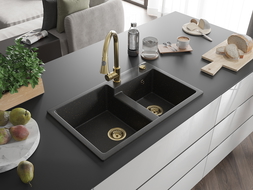 Mexen Tomas fregadero de granito de 2 senos con grifo de cocina Elia, negro/dorado metálico - 6516-75-670101-50