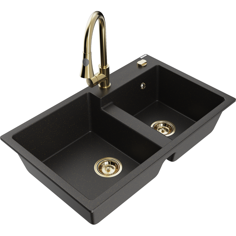 Mexen Tomas fregadero de granito de 2 senos con grifo de cocina Elia, negro/dorado metálico - 6516-75-670101-50