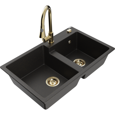 Mexen Tomas fregadero de granito de 2 compartimentos con grifo de cocina Elia, negro/dorado metálico - 6516-75-670101-50