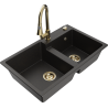 Mexen Tomas fregadero de granito de 2 senos con grifo de cocina Elia, negro/dorado metálico - 6516-75-670101-50