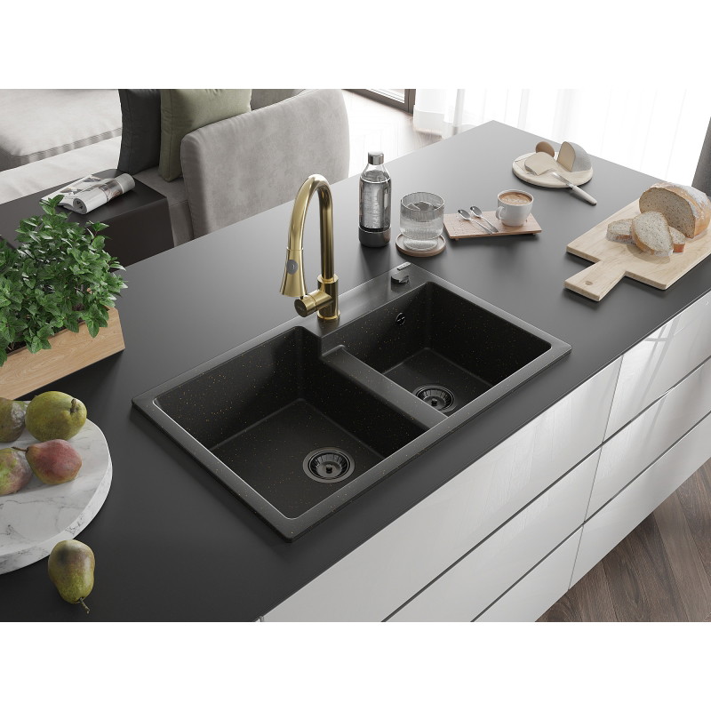 Mexen Tomas lavello in granito a 2 vasche con miscelatore da cucina Elia, nero/oro metallizzato - 6516-75-670101-50-B