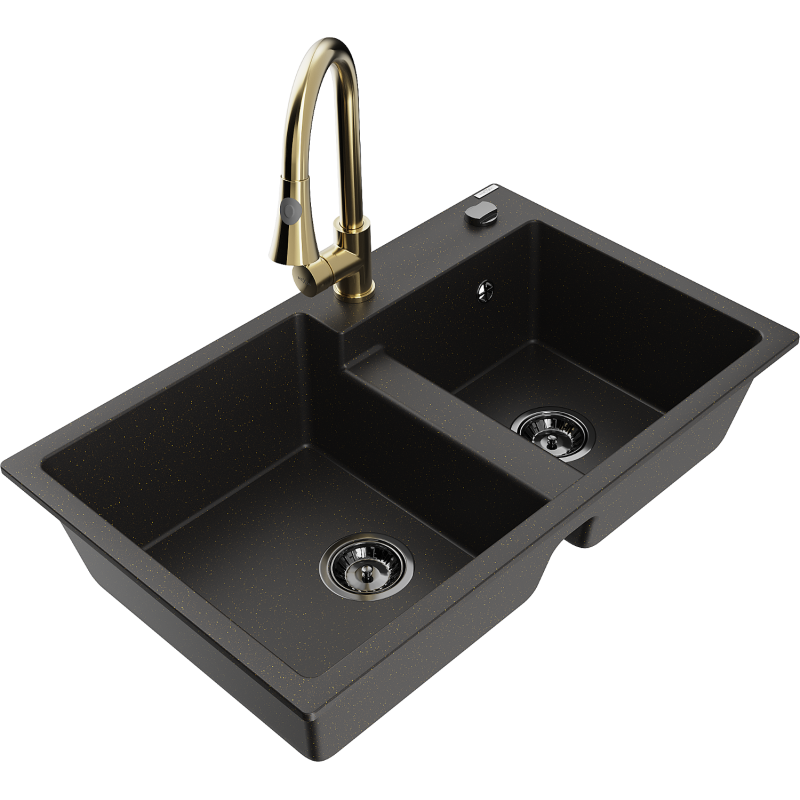 Mexen Tomas 2-kammars granitdiskho med köksblandare Elia, svart/guld metallic - 6516-75-670101-50-B