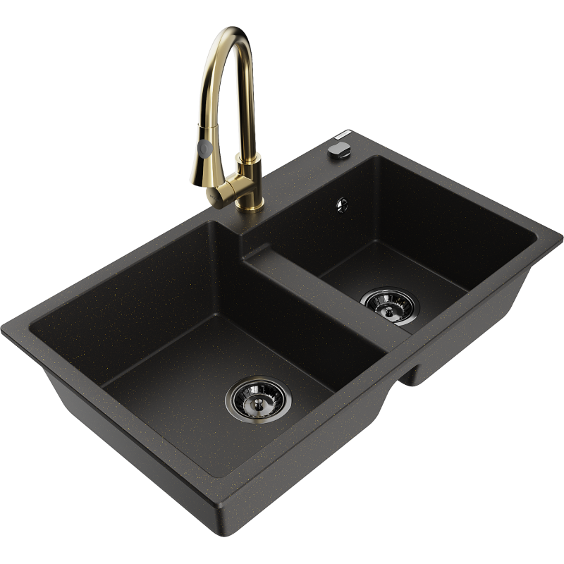 Mexen Tomas fregadero de granito de 2 compartimentos con grifo de cocina Elia, negro/dorado metálico - 6516-75-670101-50-B