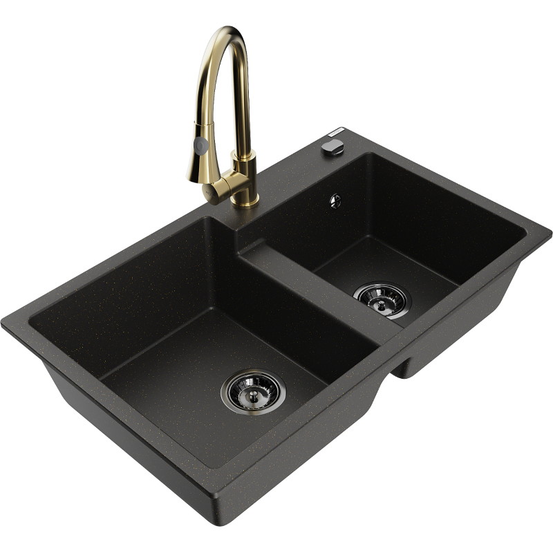 Mexen Tomas granitische gootsteen 2-vaks met keukenmengkraan Elia, zwart/gouden metallic - 6516-75-670101-50-B
