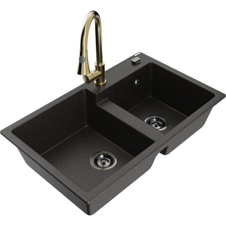 Mexen Tomas fregadero de granito de 2 senos con grifo de cocina Elia, negro/dorado metálico - 6516-75-670101-50-B