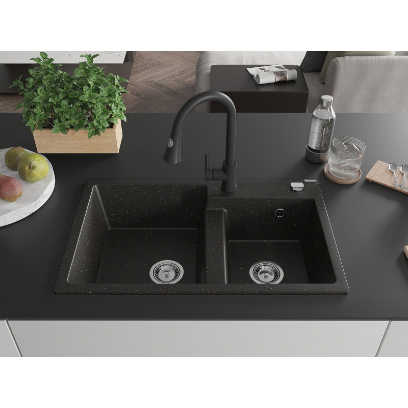 Mexen Tomas fregadero de granito de 2 compartimentos con grifo de cocina Elia, negro/dorado metálico - 6516-75-670101-70
