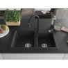 Mexen Tomas fregadero de granito de 2 compartimentos con grifo de cocina Elia, negro/dorado metálico - 6516-75-670101-70