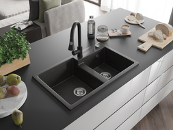 Mexen Tomas 2-bowl granite sink with Elia kitchen tap, black/gold metallic - 6516-75-670101-70