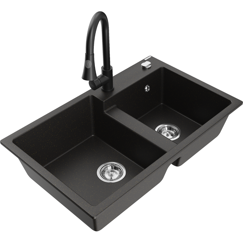 Mexen Tomas 2-bowl granite sink with Elia kitchen tap, black/gold metallic - 6516-75-670101-70