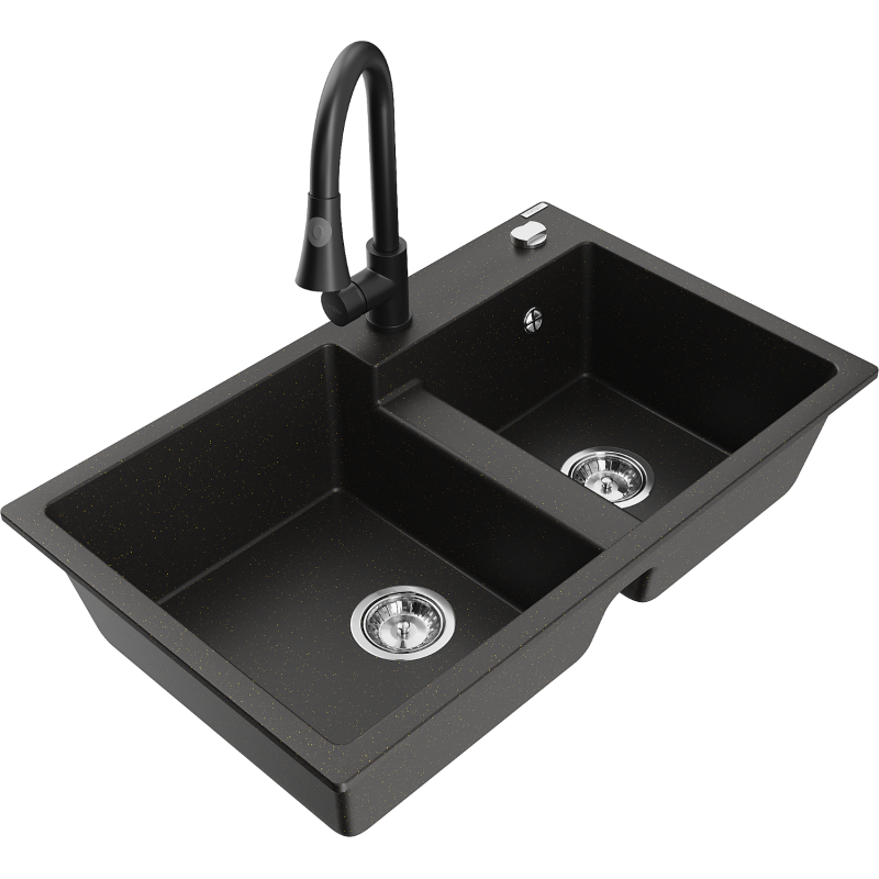 Mexen Tomas fregadero de granito 2 senos con grifo de cocina Elia, negro/dorado metálico - 6516-75-670101-70