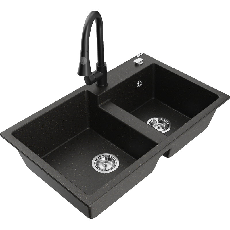 Mexen Tomas fregadero de granito de 2 compartimentos con grifo de cocina Elia, negro/dorado metálico - 6516-75-670101-70