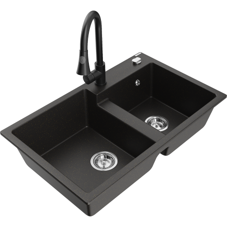 Mexen Tomas fregadero de granito de 2 compartimentos con grifo de cocina Elia, negro/dorado metálico - 6516-75-670101-70