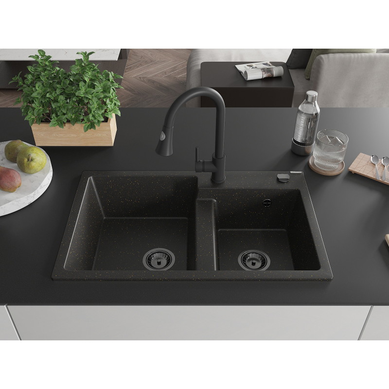 Mexen Tomas fregadero de granito de 2 compartimentos con grifo de cocina Elia, negro/dorado metalizado - 6516-75-670101-70-B
