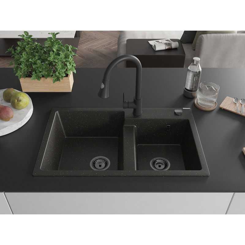 Mexen Tomas lavabo in granito a 2 vasche con rubinetto cucina Elia, nero/oro metallizzato - 6516-75-670101-70-B