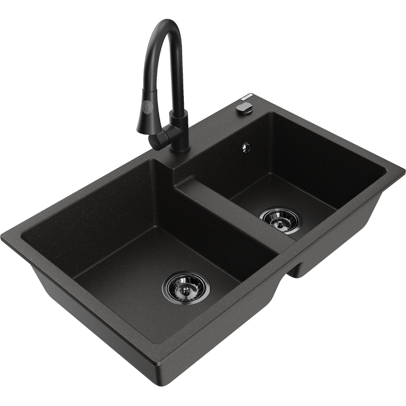 Mexen Tomas granite sink 2-chamber with Elia kitchen tap, black/gold metallic - 6516-75-670101-70-B