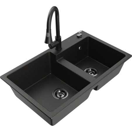 Mexen Tomas granite sink 2-chamber with Elia kitchen tap, black/gold metallic - 6516-75-670101-70-B