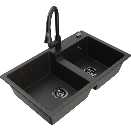 Mexen Tomas granitstenen spoelbak 2-kamers met keukenkraan Elia, zwart/goud metallic - 6516-75-670101-70-B