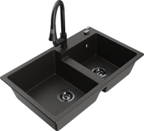 Mexen Tomas lavabo in granito a 2 vasche con rubinetto cucina Elia, nero/oro metallizzato - 6516-75-670101-70-B