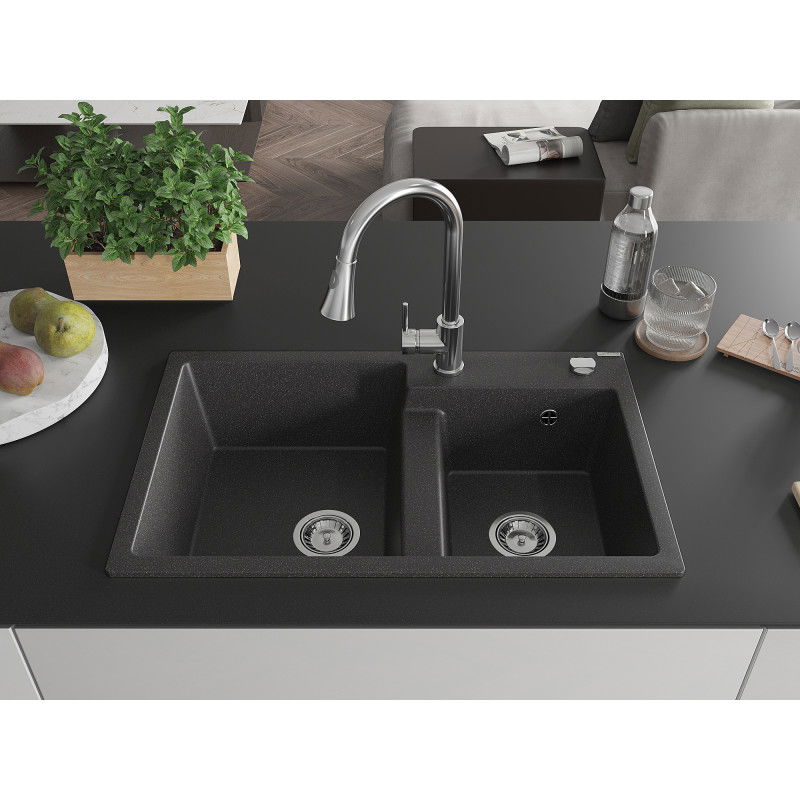 Mexen Tomas granite sink 2-bowl with Elia kitchen tap, black speckled - 6516-76-670101-00