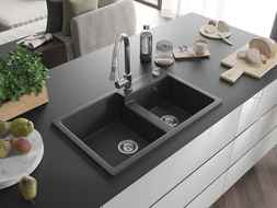 Mexen Tomas fregadero de granito de 2 compartimentos con grifo de cocina Elia, negro moteado - 6516-76-670101-00