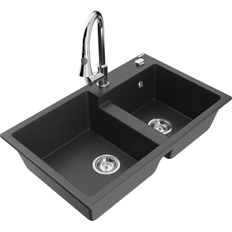 Mexen Tomas fregadero de granito de 2 compartimentos con grifo de cocina Elia, negro moteado - 6516-76-670101-00