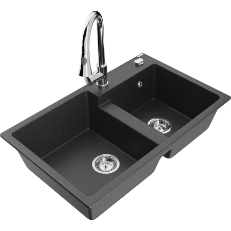 Mexen Tomas fregadero de granito de 2 compartimentos con grifo de cocina Elia, negro moteado - 6516-76-670101-00