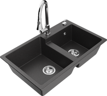 Mexen Tomas granite sink 2-bowl with Elia kitchen tap, black speckled - 6516-76-670101-00
