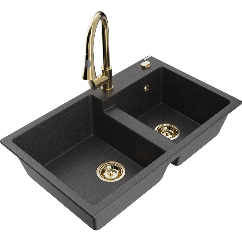 Mexen Tomas fregadero de granito de 2 cubetas con grifo de cocina Elia, negro moteado - 6516-76-670101-50
