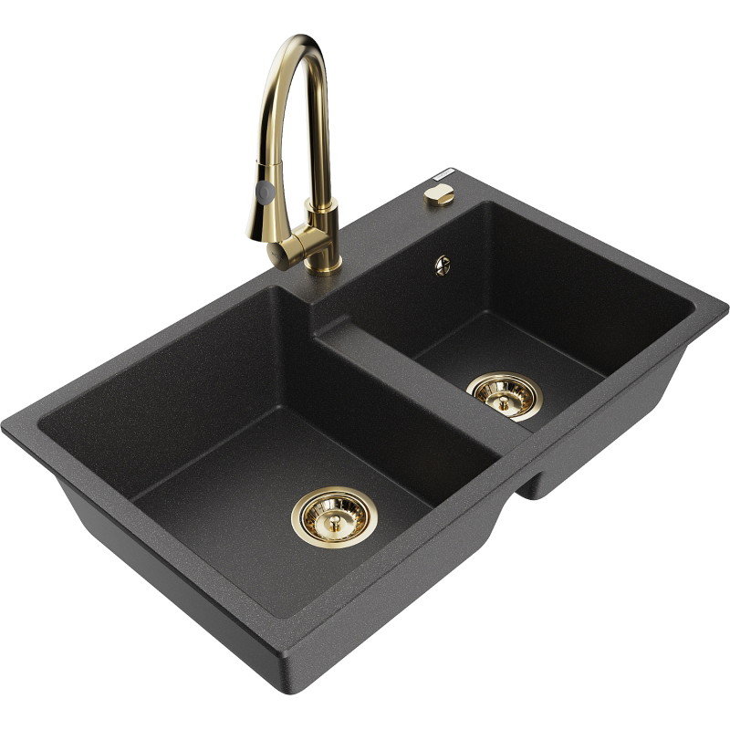 Mexen Tomas fregadero de granito de 2 senos con grifo de cocina Elia, negro moteado - 6516-76-670101-50