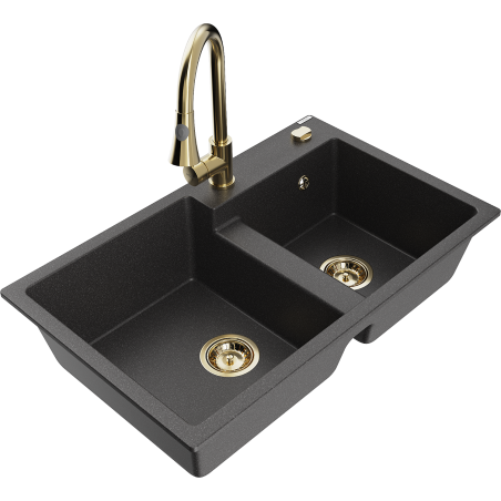 Mexen Tomas granite sink 2-bowl with Elia kitchen tap, black speckled - 6516-76-670101-50