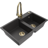 Mexen Tomas granite sink 2-bowl with Elia kitchen tap, black speckled - 6516-76-670101-50