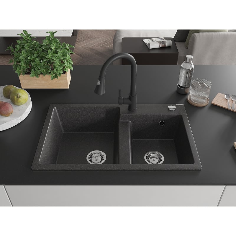 Mexen Tomas granite sink 2-chamber with kitchen faucet Elia, black speckled - 6516-76-670101-70