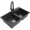 Mexen Tomas granite sink 2-chamber with kitchen faucet Elia, black speckled - 6516-76-670101-70