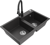 Mexen Tomas granite sink 2-bowl with Elia kitchen tap, black speckled - 6516-76-670101-70