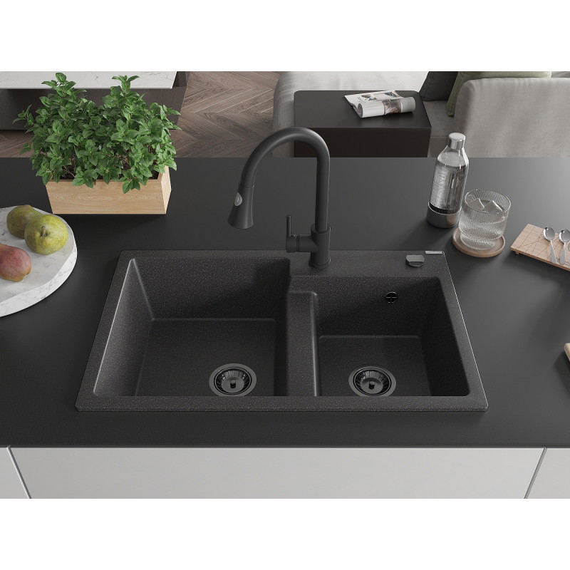 Mexen Tomas fregadero de granito de 2 compartimentos con grifo de cocina Elia, negro moteado - 6516-76-670101-70-B