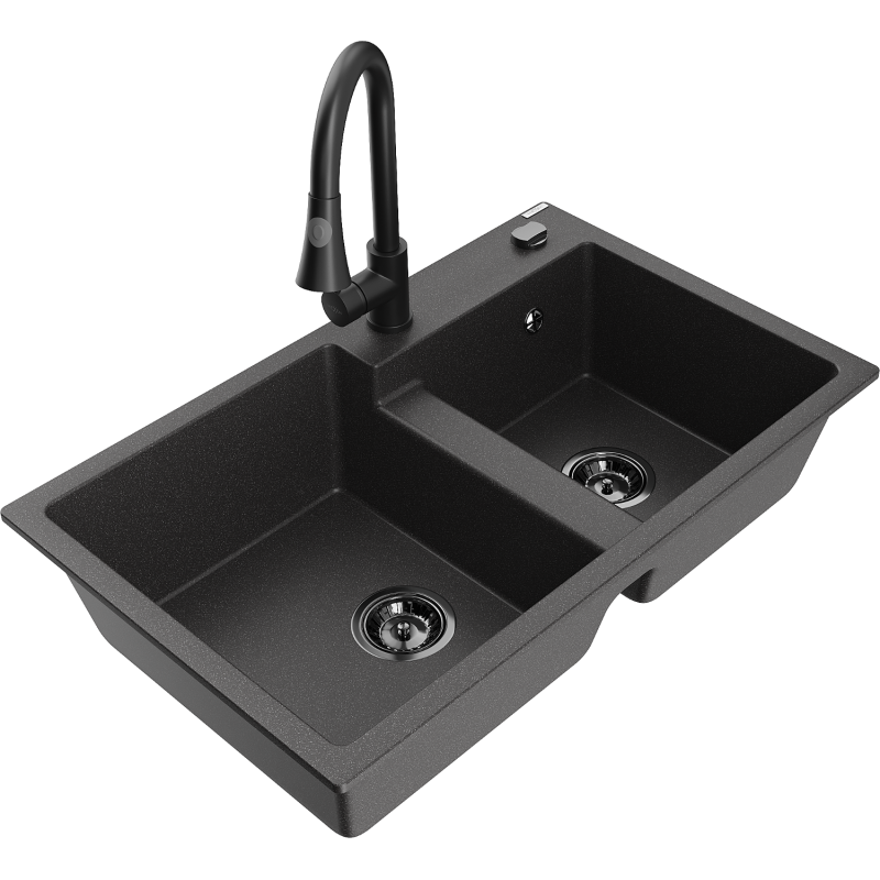 Mexen Tomas fregadero de granito 2 senos con grifo de cocina Elia, negro moteado - 6516-76-670101-70-B