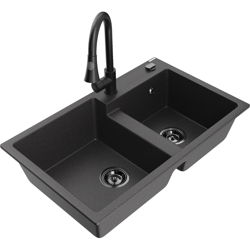 Mexen Tomas Graniittinen 2-osainen keittiöallas hanalla Elia, musta pilkullinen - 6516-76-670101-70-B