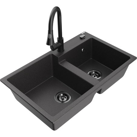 Mexen Tomas fregadero de granito 2 senos con grifo de cocina Elia, negro moteado - 6516-76-670101-70-B
