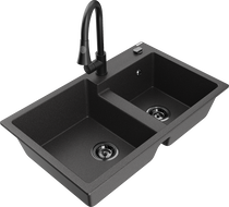 Mexen Tomas fregadero de granito 2 senos con grifo de cocina Elia, negro moteado - 6516-76-670101-70-B