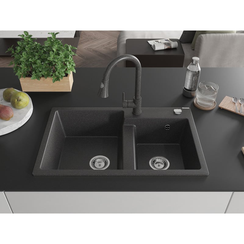 Mexen Tomas fregadero de granito de 2 cubetas con grifo de cocina Elia, negro moteado - 6516-76-670101-76