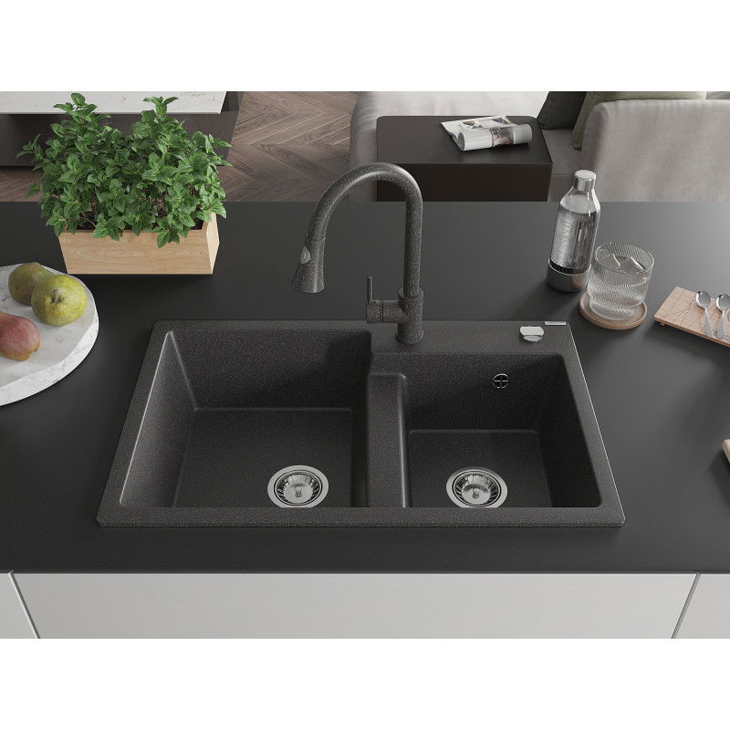 Mexen Tomas Granit-Spullsteen mat 2 Schëff mat Kichendrich Elia, schwaarz gesprenkelt - 6516-76-670101-76