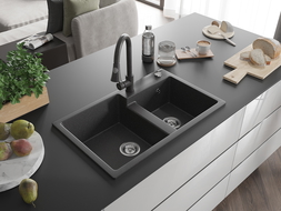 Mexen Tomas fregadero de granito de 2 cubetas con grifo de cocina Elia, negro moteado - 6516-76-670101-76