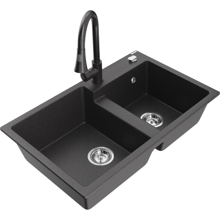 Mexen Tomas granite sink with 2 chambers and Elia kitchen faucet, black speckled - 6516-76-670101-76
