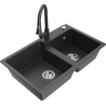 Mexen Tomas fregadero de granito de 2 cubetas con grifo de cocina Elia, negro moteado - 6516-76-670101-76