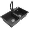 Mexen Tomas granite sink with 2 chambers and Elia kitchen faucet, black speckled - 6516-76-670101-76